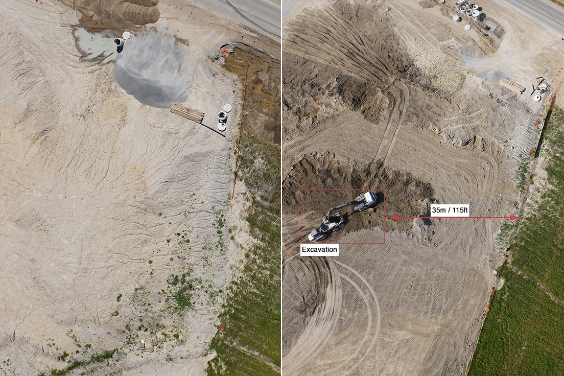 A comparison of ROW inspection images shows third-party excavation encroaching on the pipeline